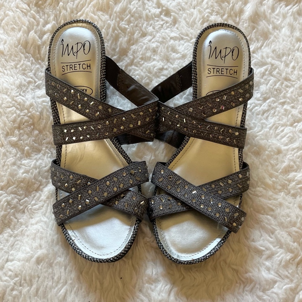 Impo Silver Beaded Wedge Sandals 7